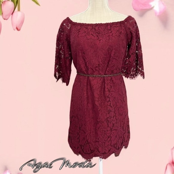 Do+be Lace Overlay Mini Burgundy Dress - Picture 1 of 13